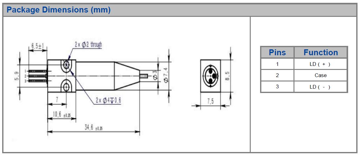 Unice K635F03RN-0.020W Single Emitter, 635nm, 400mW Coaxial Packaged Diode Laser